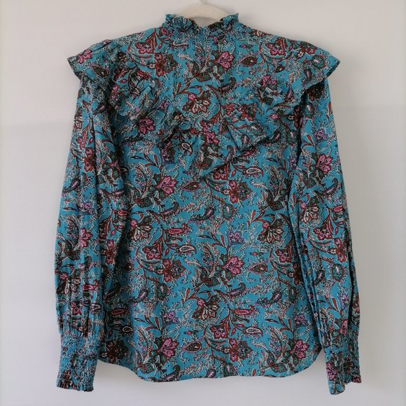 Loft Womens Pacific Blue Paisley Ruffle Mock Neck Button Up Shirt Size Medium - Picture 4 of 6